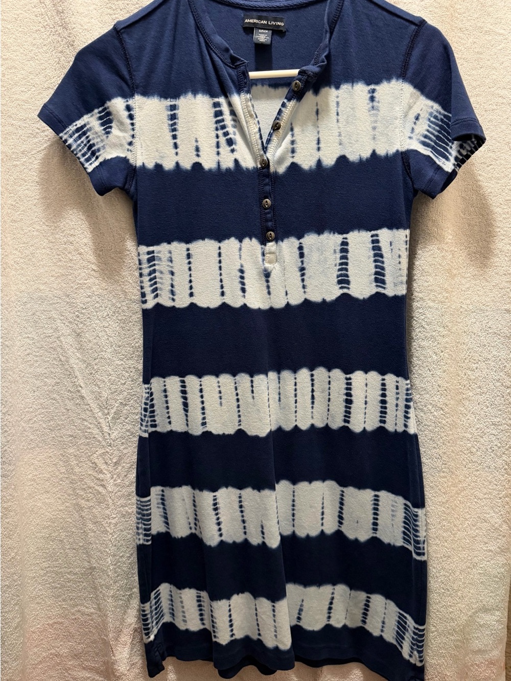American Living Navy & White Tie-Dye Henley Mini Dress